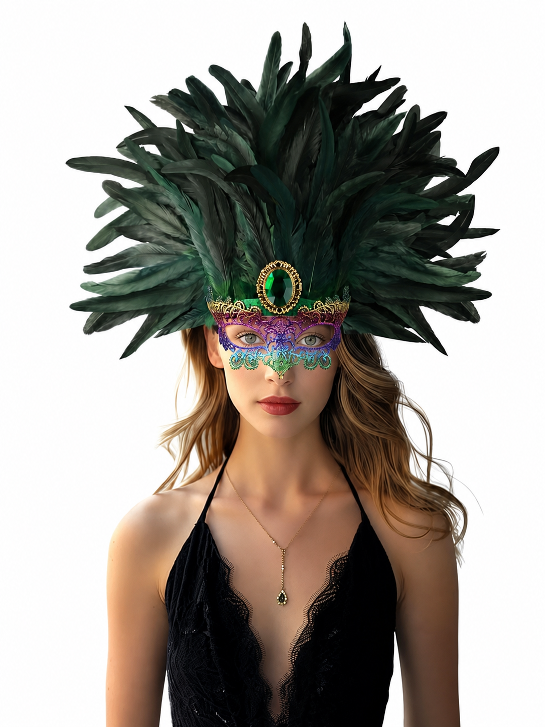 Masquerade headdress with green feathers