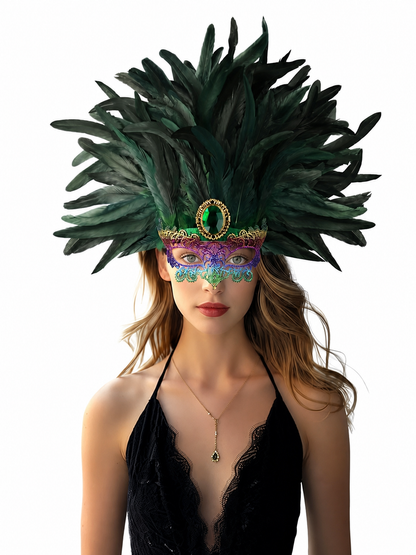 Masquerade headdress with green feathers