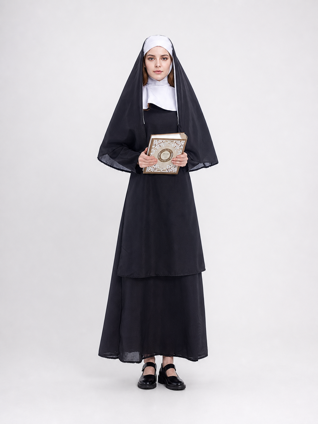 This nun costume is designed for a distinctive themed look and is suitable for costume parties, stage performances, themed events, Halloween, and other occasions when you want to add recognizable details to your outfit. The set comes in a c