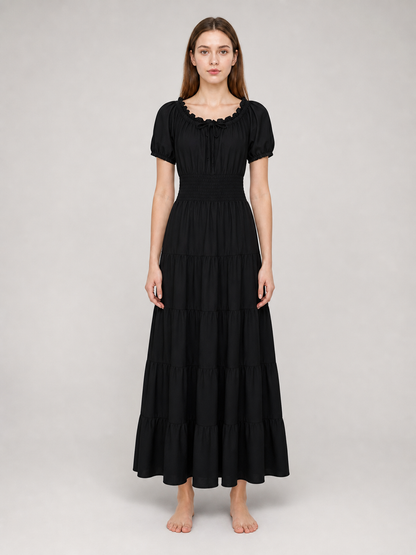 Black Tiered Maxi Dress with Gathering