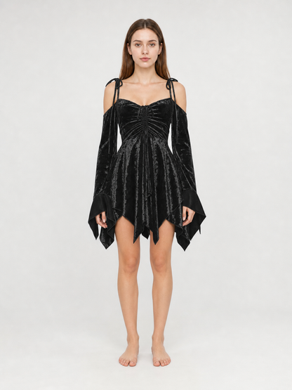 Black Mini Dress with an Asymmetrical Hem and Sleeves