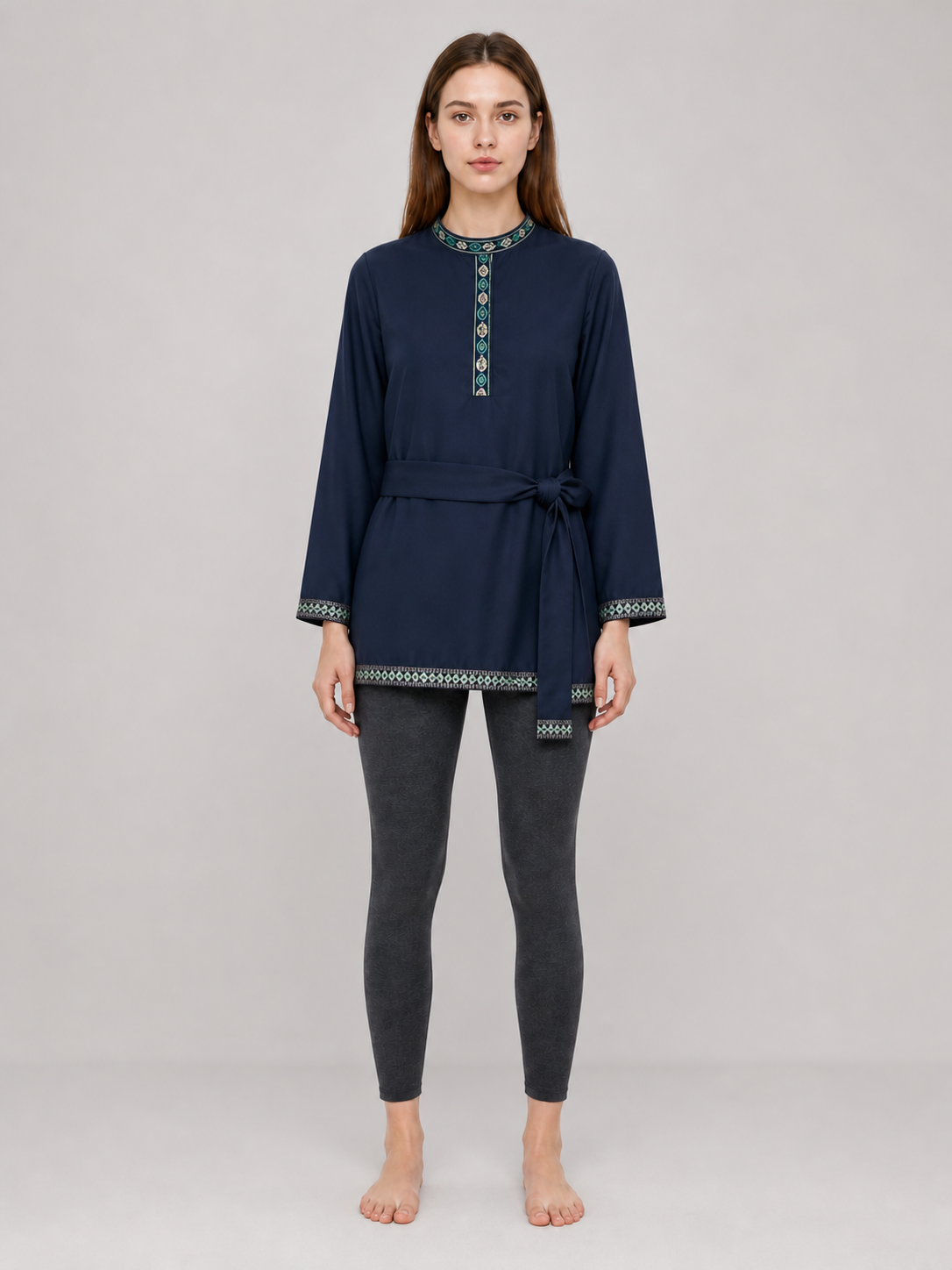 Tunic with a stand-up collar and belt, dark navy