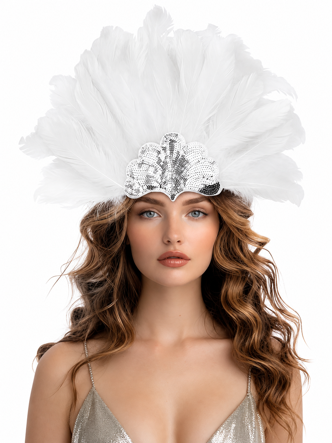 Close-up of a model wearing a white feather headband with a silver sequined ornament and layered feather fan