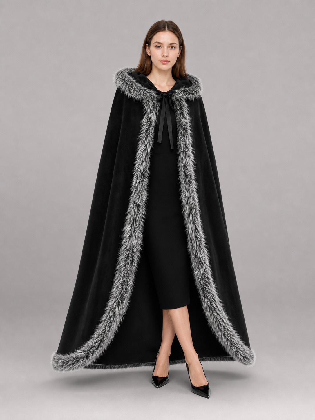 Black carnival cape with hood and shaggy trim