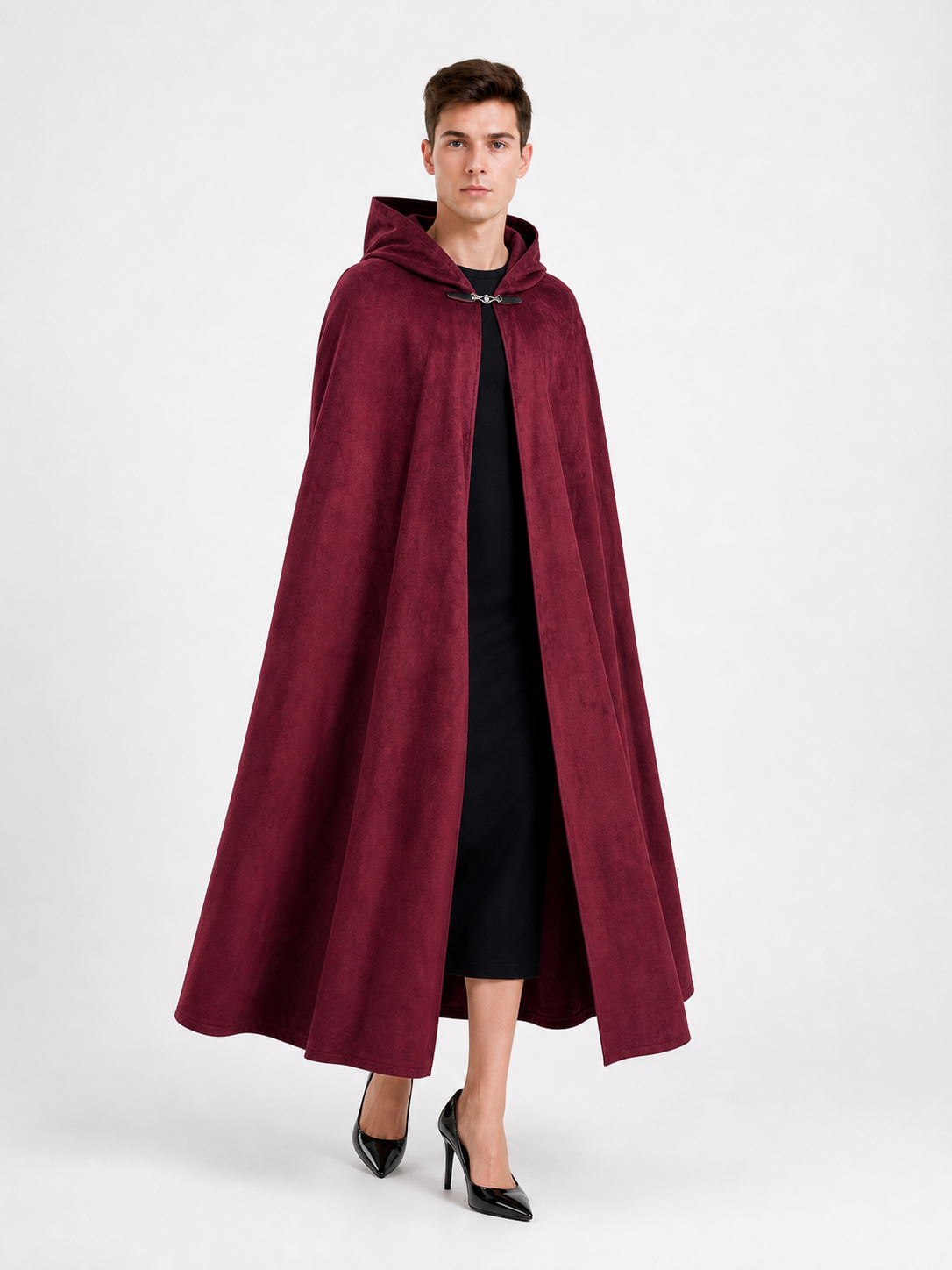 Long burgundy carnival cloak with hood