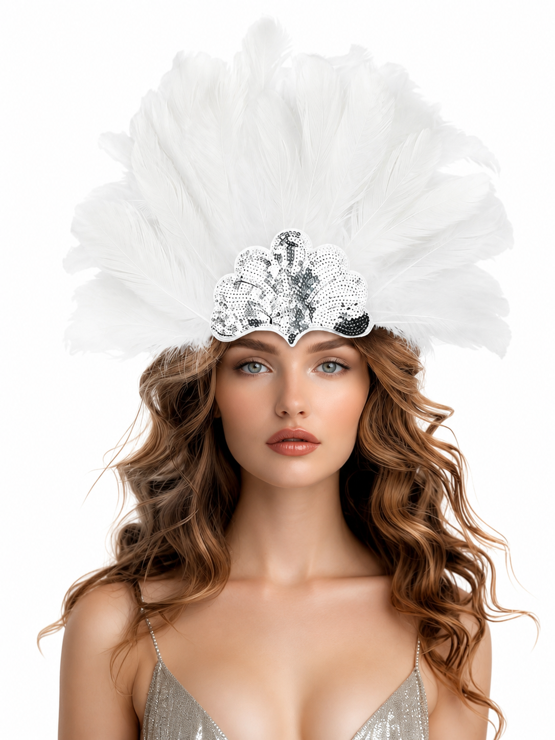 Front-facing model wearing a white feather carnival headband, shown from the shoulders up with silver sequins at the center