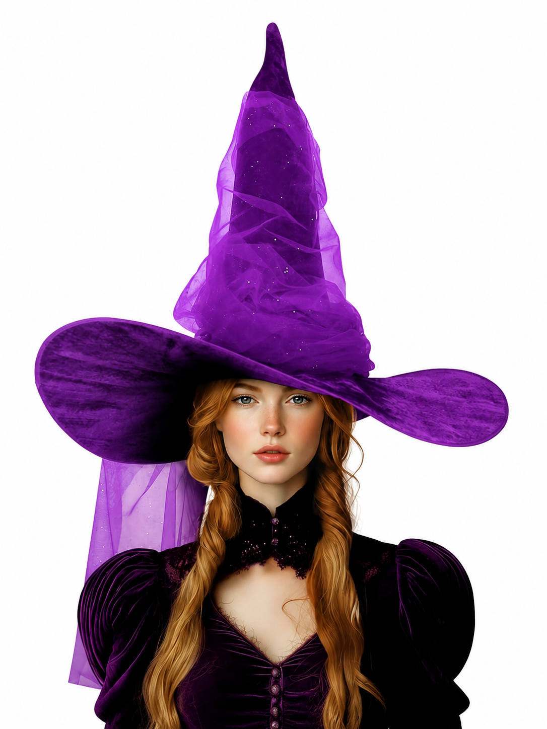 Purple Halloween Witch Hat for Women and Men, Tall Pointed Wide Floppy Brim with Layered Sheer Mesh Draping and Glitter-Like Specks for Cosplay Costume Party