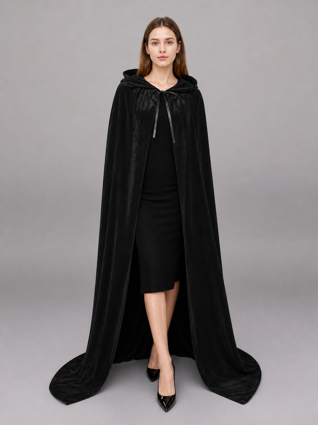 Black medieval hooded costume cloak