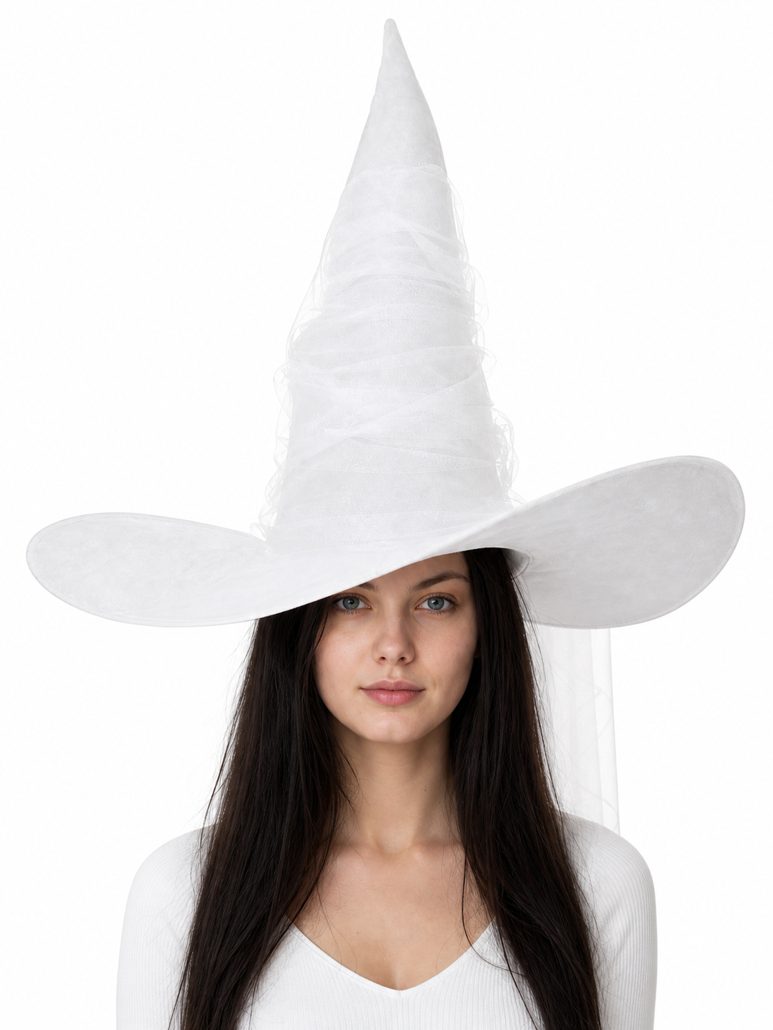 White Halloween Witch Hat With Attached Sheer Veil, Tall Curved Pointed Crown And Wide Floppy Brim For Cosplay Costume Party