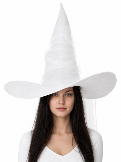 White Halloween Witch Hat With Attached Sheer Veil, Tall Curved Pointed Crown And Wide Floppy Brim For Cosplay Costume Party