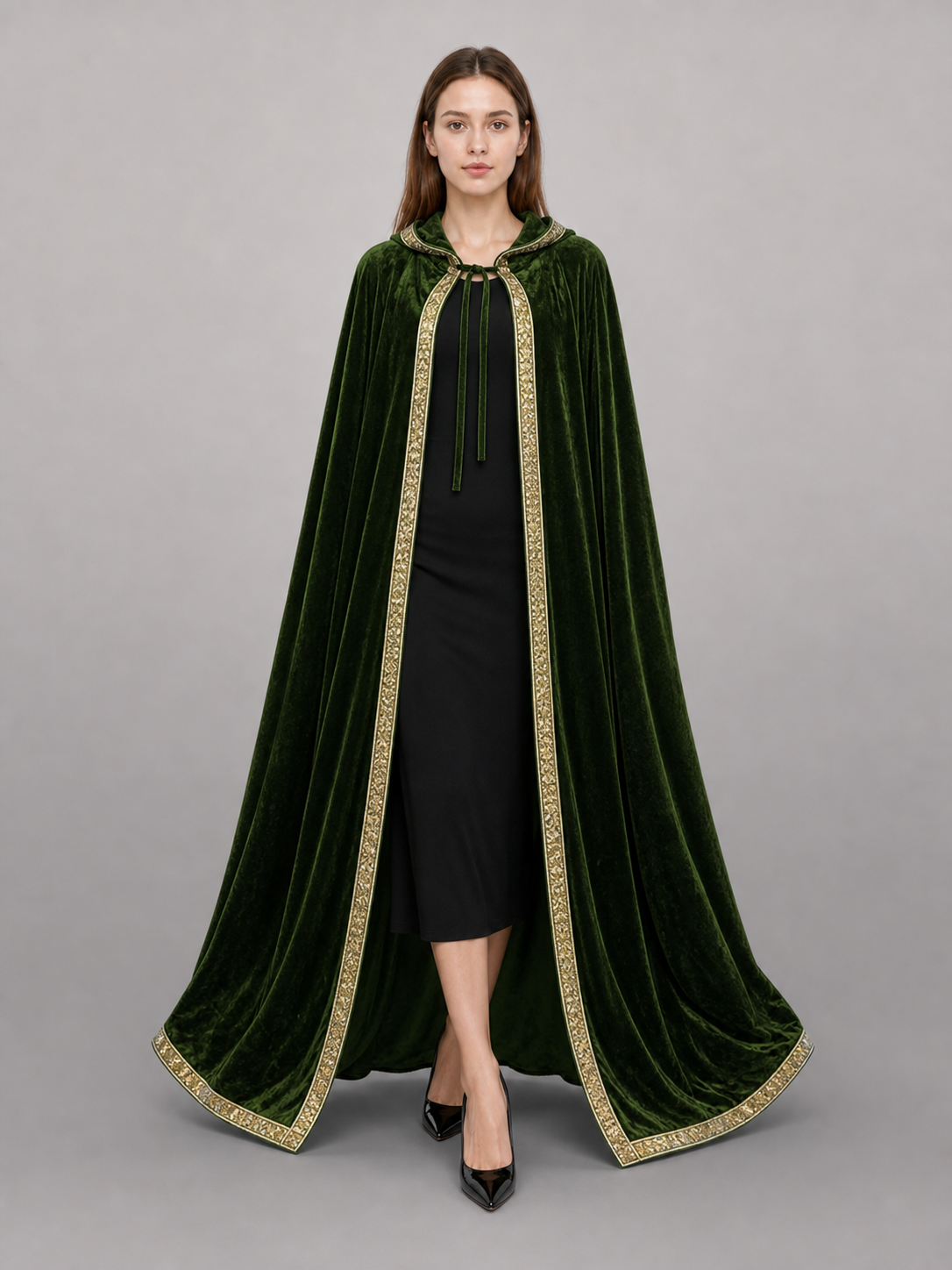 Green costume cloak with hood, gold trim