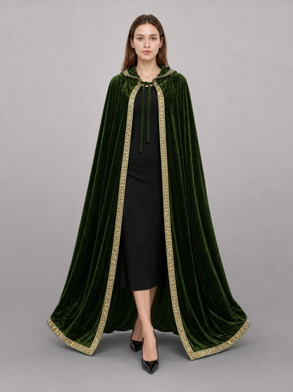 Green costume cloak with hood, gold trim