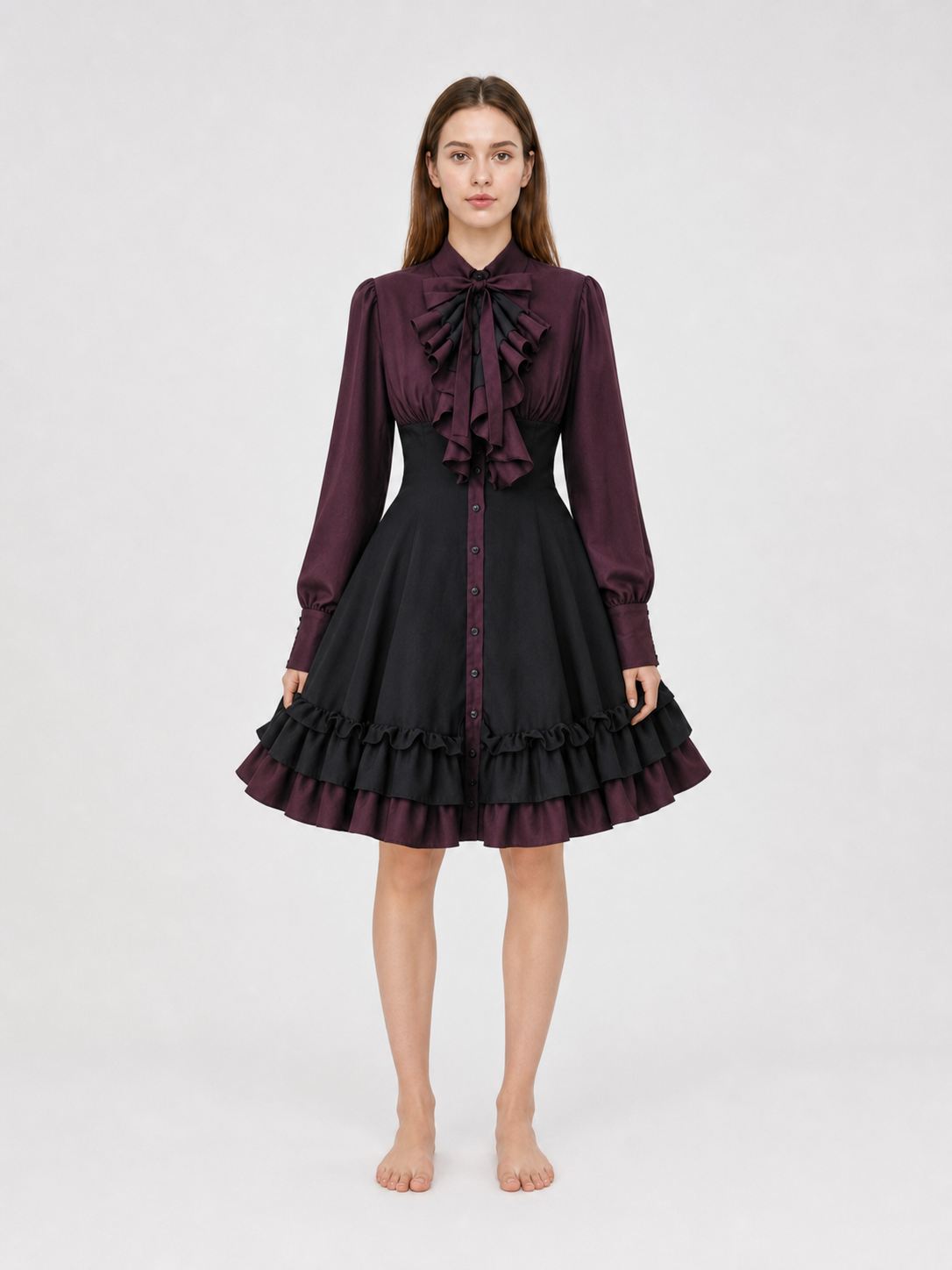 Women’s Gothic Renaissance Dress, Medieval Steampunk Style, Black And Burgundy Long Sleeve High Neck Ruffle A-Line Costume Outfit