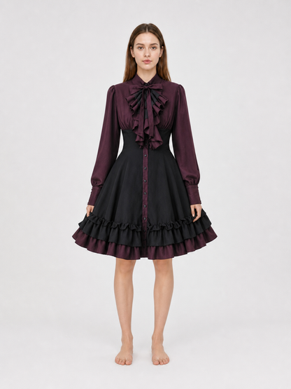 Women’s Gothic Renaissance Dress, Medieval Steampunk Style, Black And Burgundy Long Sleeve High Neck Ruffle A-Line Costume Outfit