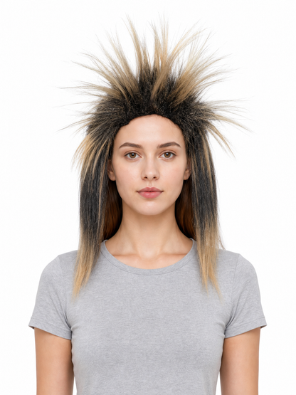 Costume wig with black and blonde spiky fibers and long tapered sides, shown from the front on a model