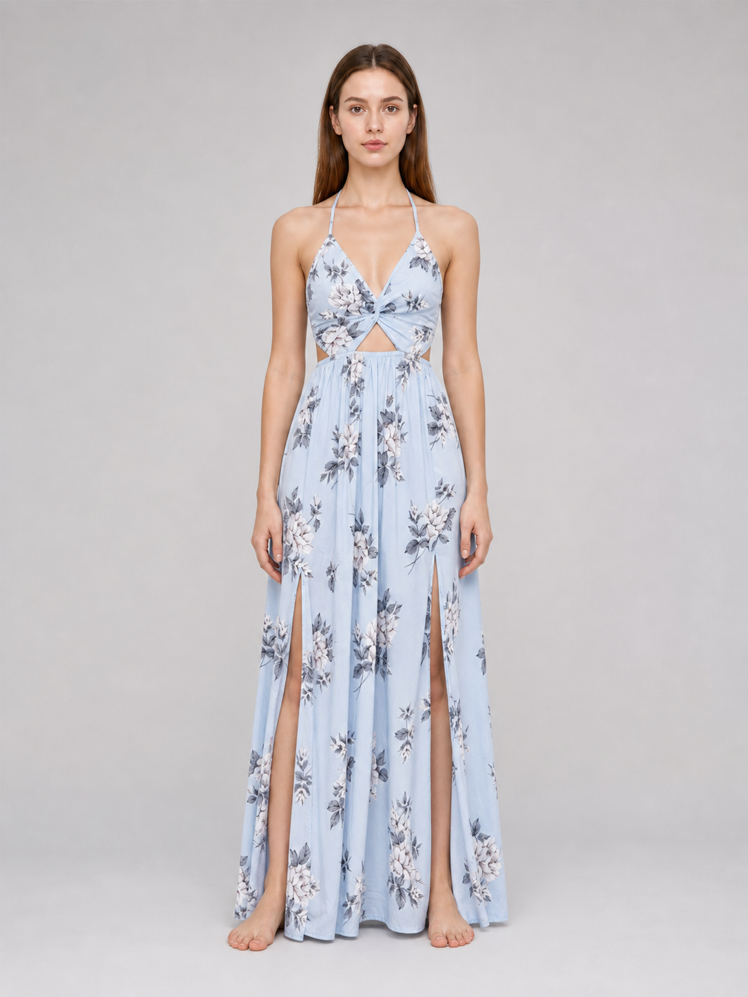 Maxi Dress with Floral Print and V-Neckline