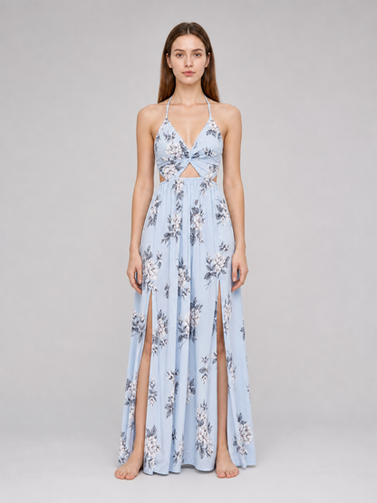 Maxi Dress with Floral Print and V-Neckline