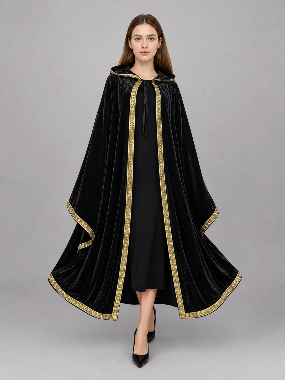 Black Carnival Cloak with Hood, Velvet Texture