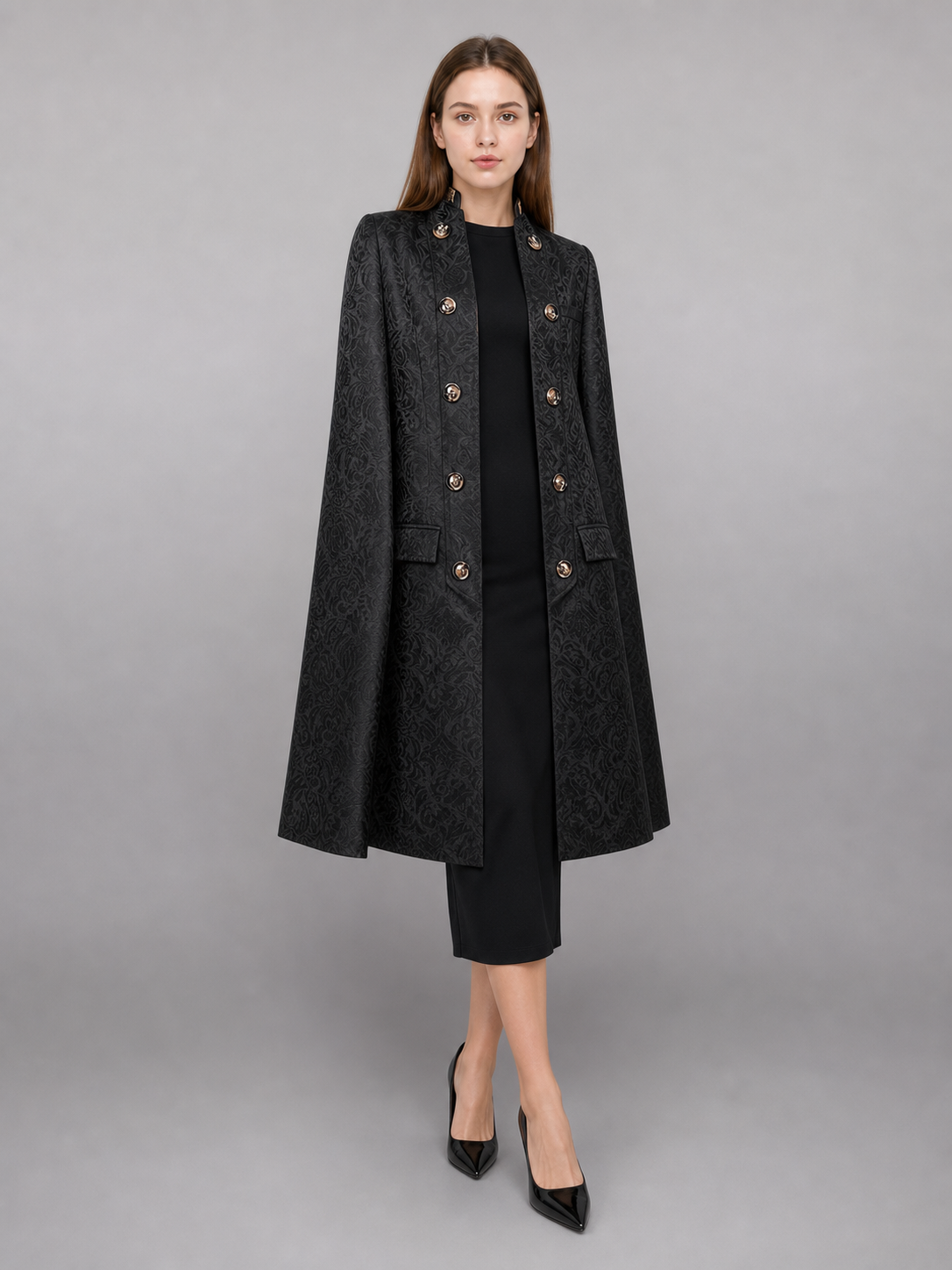 Black carnival cloak with jacquard pattern
