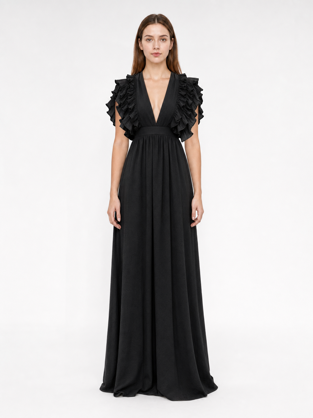 Floor-Length Evening Dress with a Deep V-Neckline