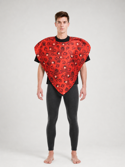 Bright heart-shaped costume with a floral print. A voluminous silhouette with a pointed lower edge and wide short sleeves that extend from the sides of the garment. The surface is decorated with an allover floral pattern reminiscent of rose