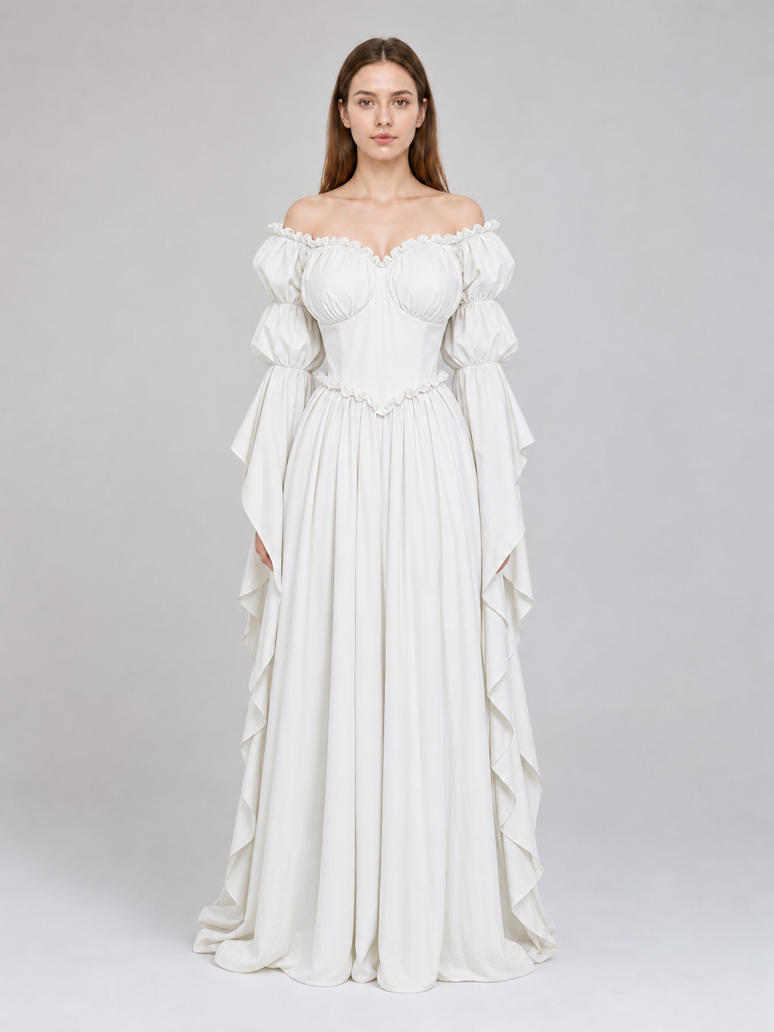 White vintage-style dress with puff sleeves