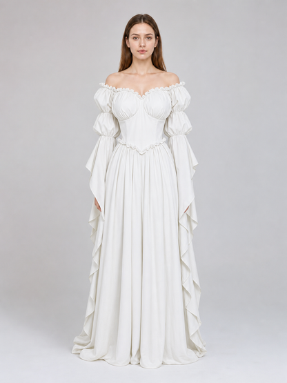 White vintage-style dress with puff sleeves