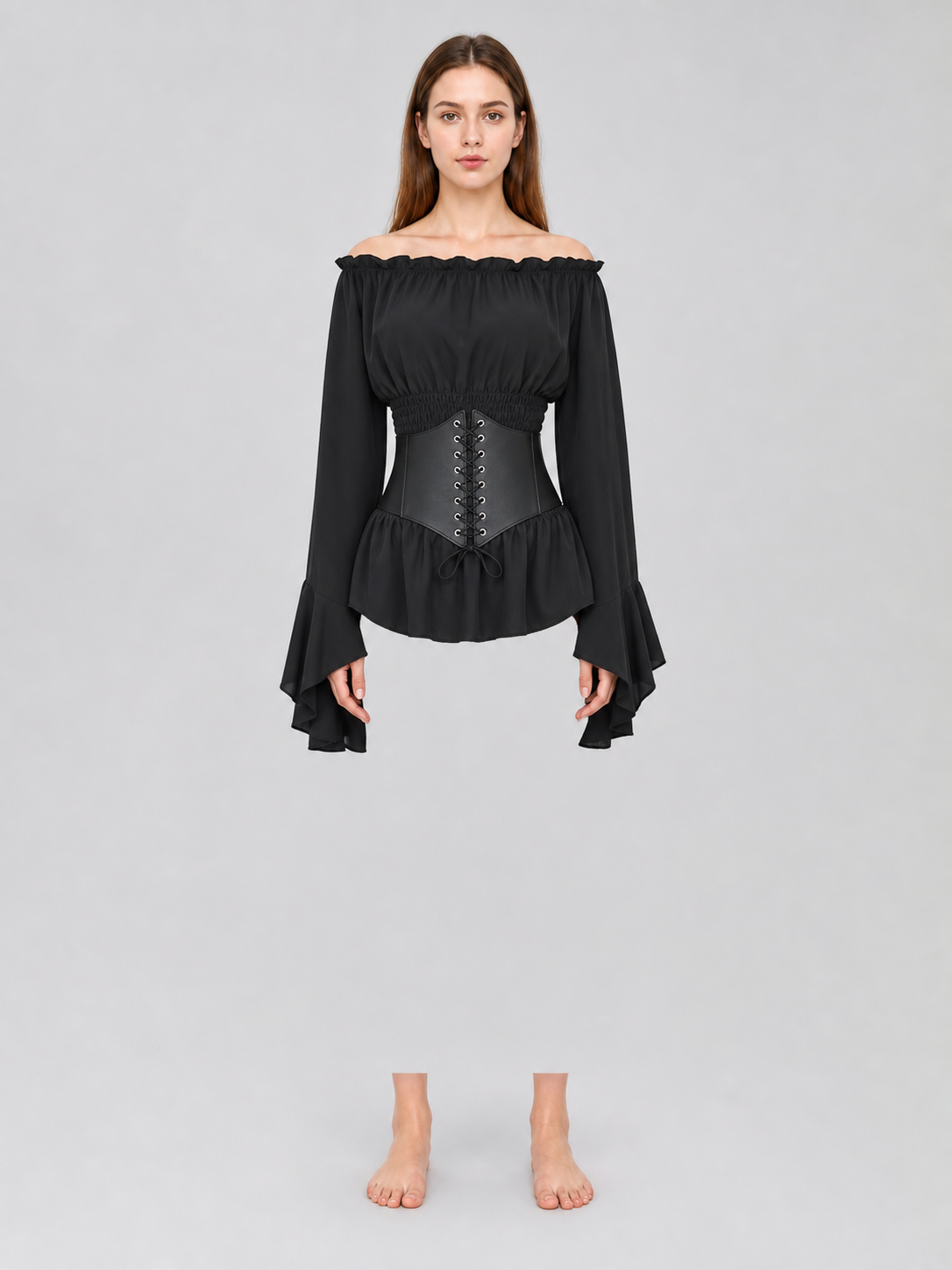 Black Gothic Peplum Top with Lace-Up Belt