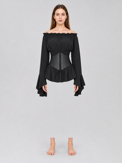 Black Gothic Peplum Top with Lace-Up Belt