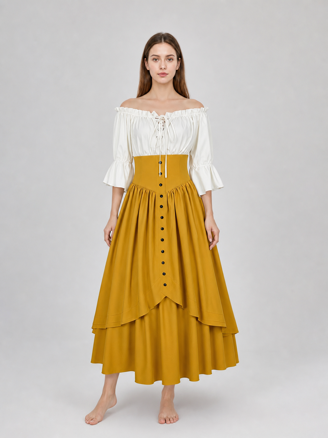 Vintage-Style Lace-Up Maxi Dress