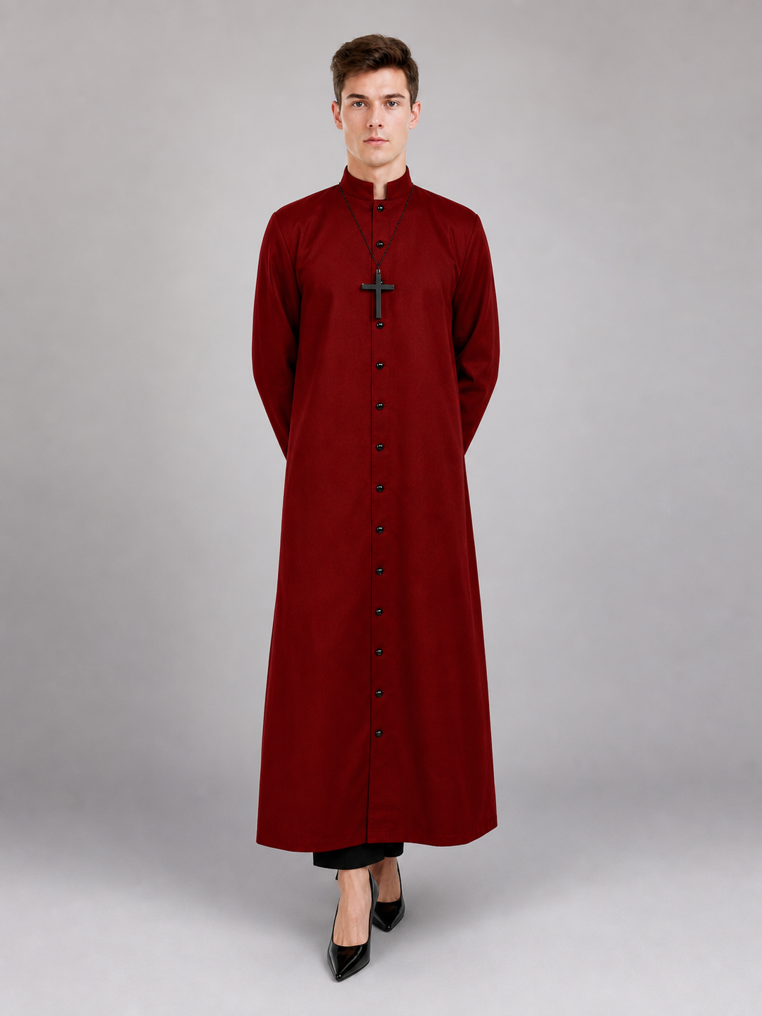 Long Burgundy Cassock with Collar and Buttons