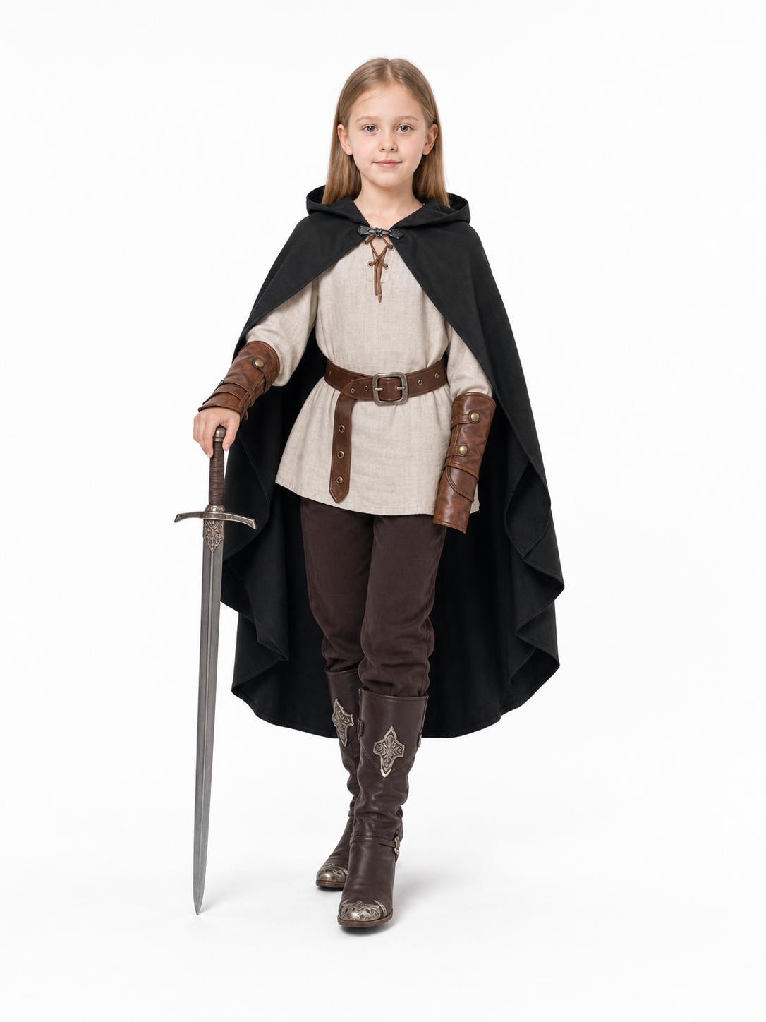 Black hooded cloak shown on a child walking in a medieval-style outfit while holding a sword
