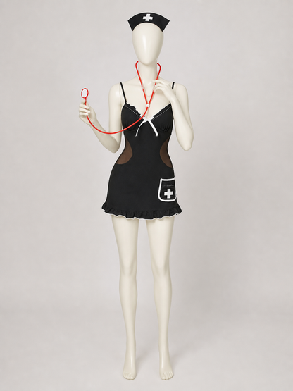 Nurse costume, black dress with white trim