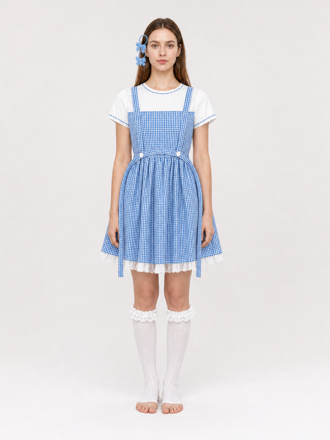 Blue and White Plaid Dress Set with Accessories