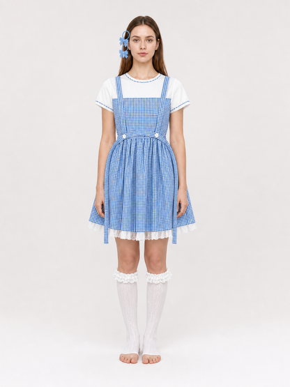 Blue and White Plaid Dress Set with Accessories