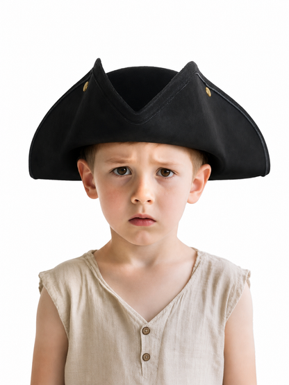 Classic Pirate Hat for Kids, Wide Tricorn Pirate Captain Hat with Raised Pointed Sides and Gold-Colored Accents for Halloween Costume, Dress-Up Play and Themed Parties