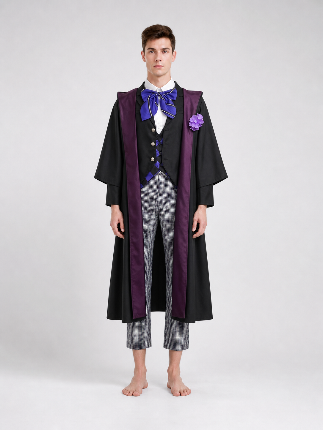 The set is styled after the character Gregory Violet and includes a jacket, vest, shirt, pants, bow tie, and lapel brooch. The look is built around layering: a black vest and black jacket are worn over a white shirt, complemented by an uppe