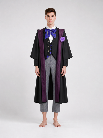 The set is styled after the character Gregory Violet and includes a jacket, vest, shirt, pants, bow tie, and lapel brooch. The look is built around layering: a black vest and black jacket are worn over a white shirt, complemented by an uppe