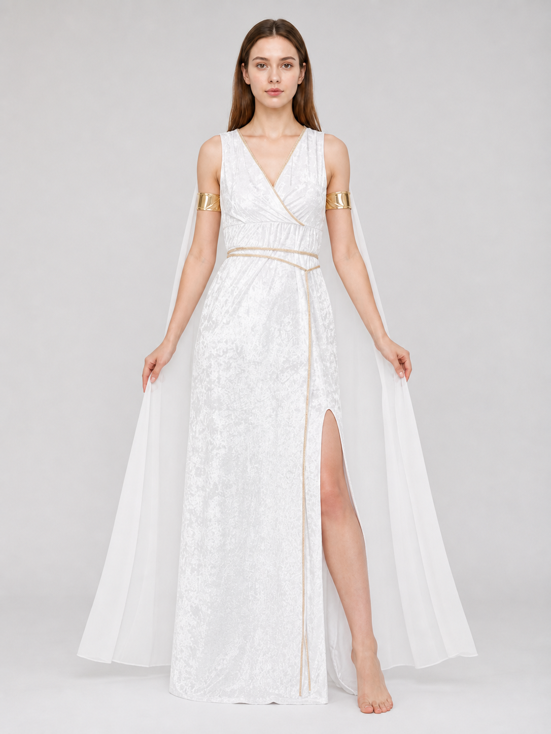 White long Greek-style dress with a high slit