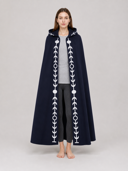 Navy Blue Hooded Cape with White Pattern