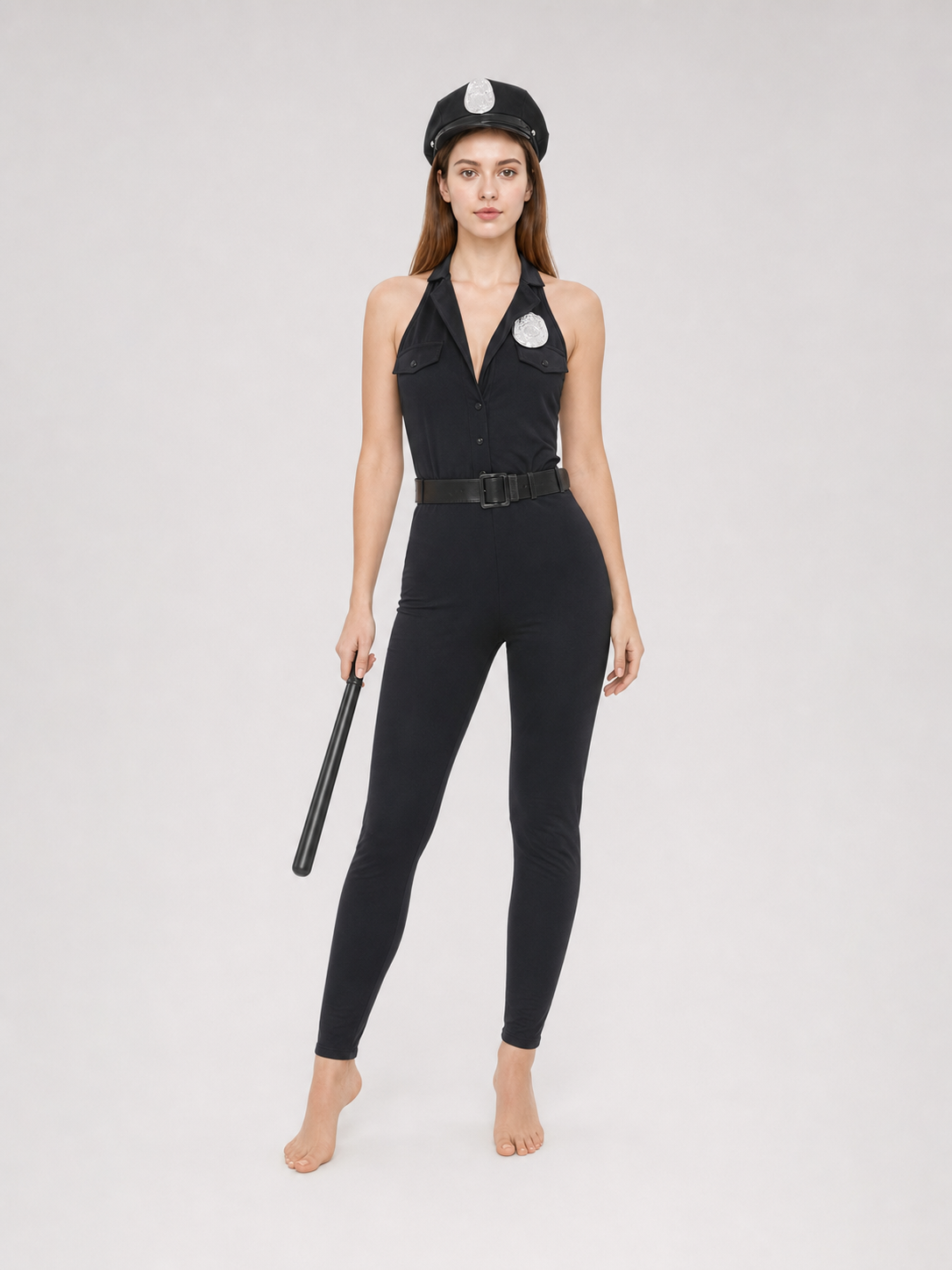 Black police uniform-style jumpsuit costume with cap