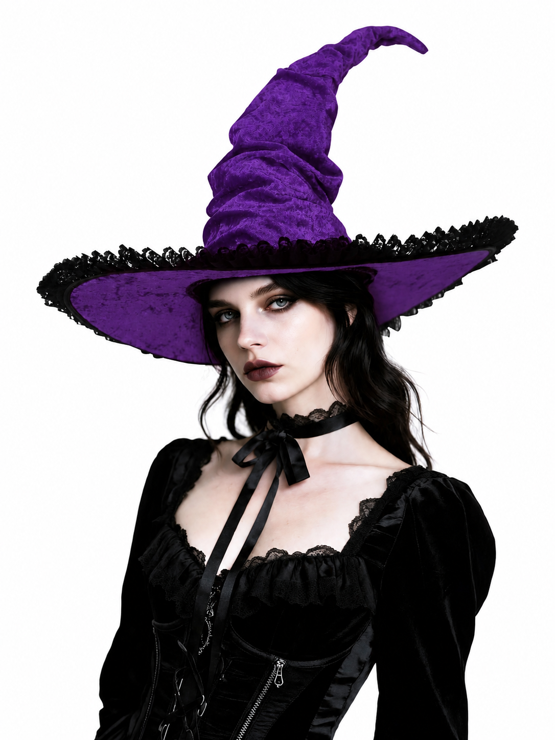 Halloween Witch Hat, Tall Curved Pointed Crown, Wide Irregular Brim, Deep Purple Gothic Style with Black Trim for Cosplay and Themed Parties