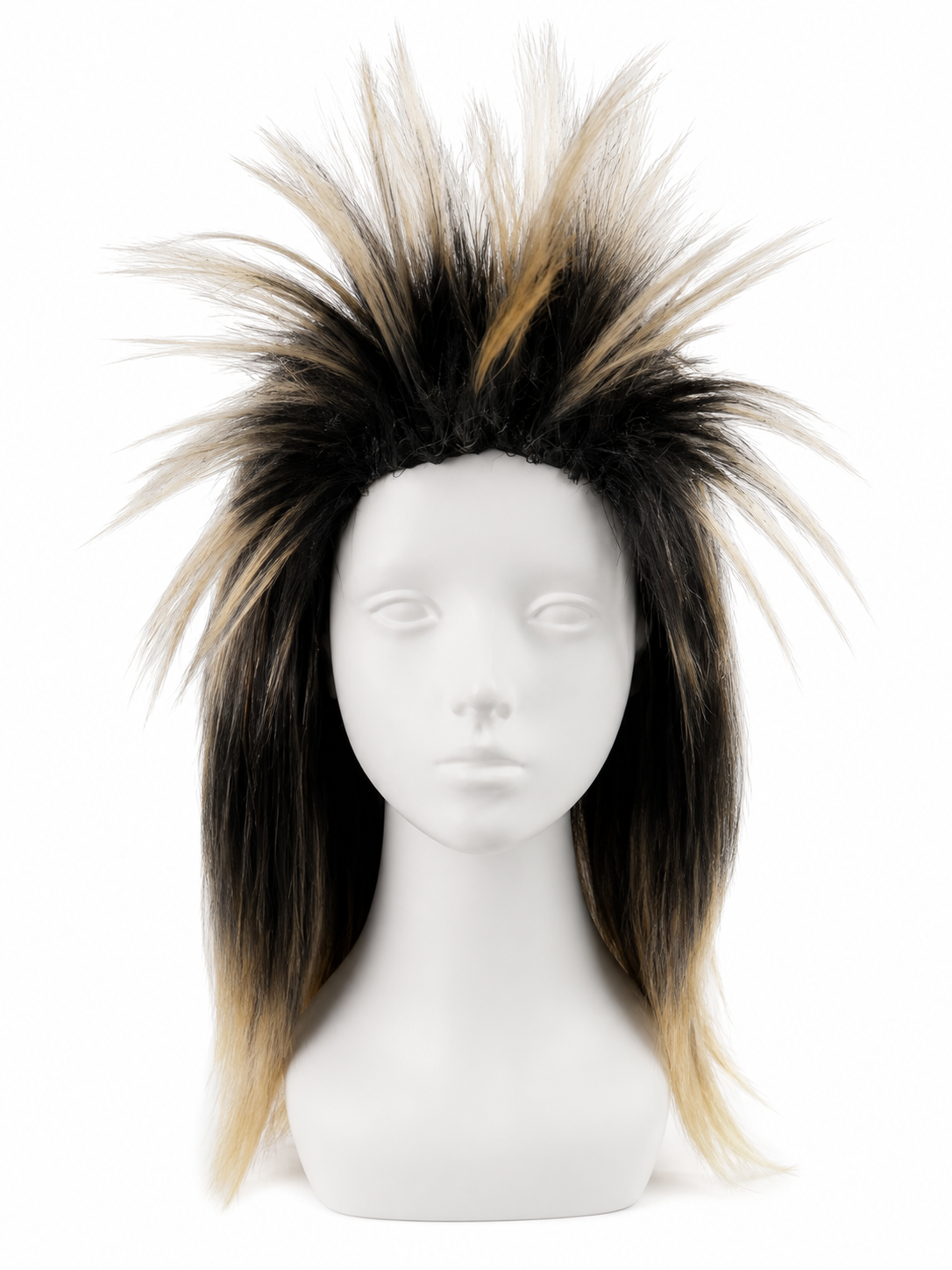 Costume wig with black and blonde spiky fibers and long straight side sections, shown on a mannequin against a white background