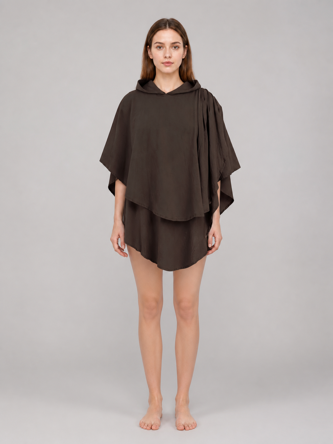 Women's Hooded Wanderer Cloak Costume with Layered Hem, Shoulder Draped Pleats