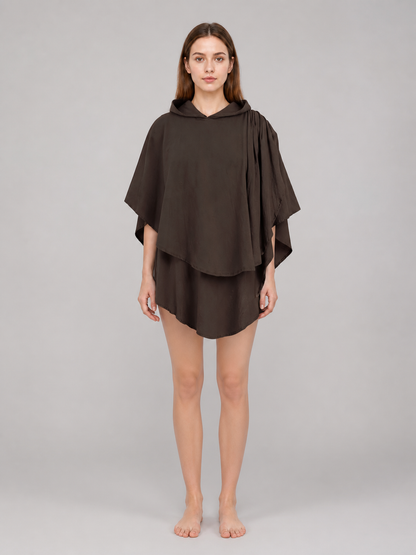 Women's Hooded Wanderer Cloak Costume with Layered Hem, Shoulder Draped Pleats