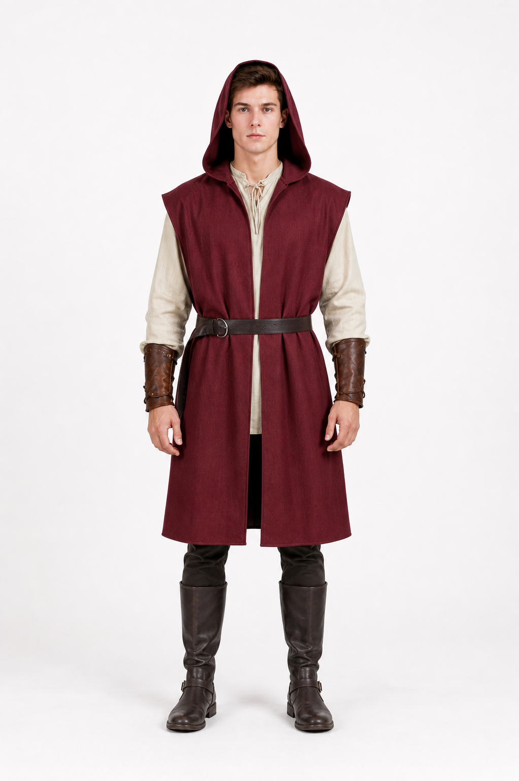 Adult Medieval Fantasy Hooded Cape, Wine Red Sleeveless Long Split-Hem Cloak main product view 6