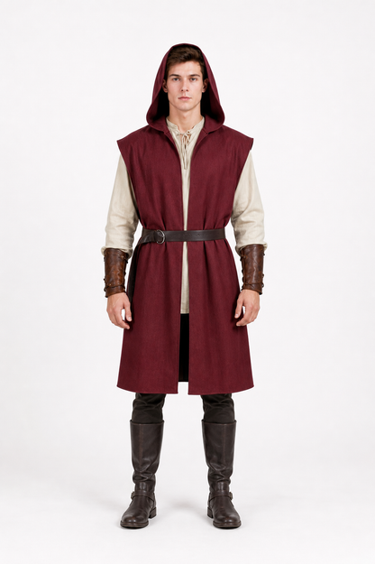 Adult Medieval Fantasy Hooded Cape, Wine Red Sleeveless Long Split-Hem Cloak main product view 6
