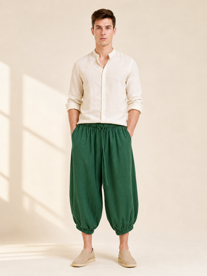 Loose-fit cropped shorts with drawstring, dark green