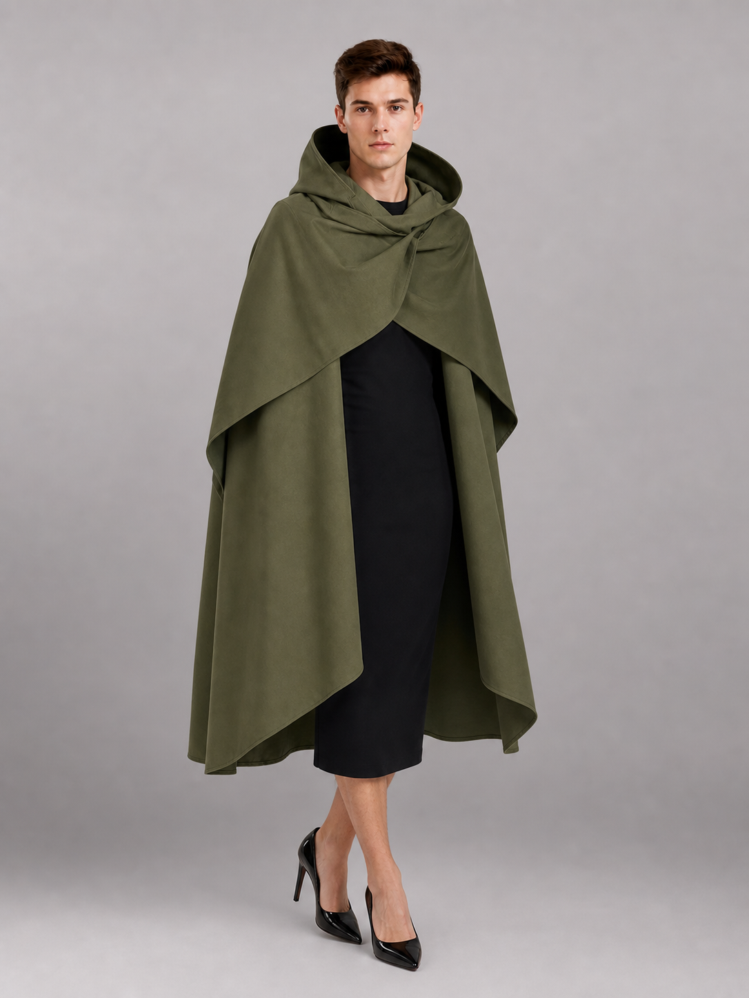 Medieval Hooded Cloak, Olive Green Full-Length Cape with Pointed Hood and Front Tie for Cosplay and Role-Playing