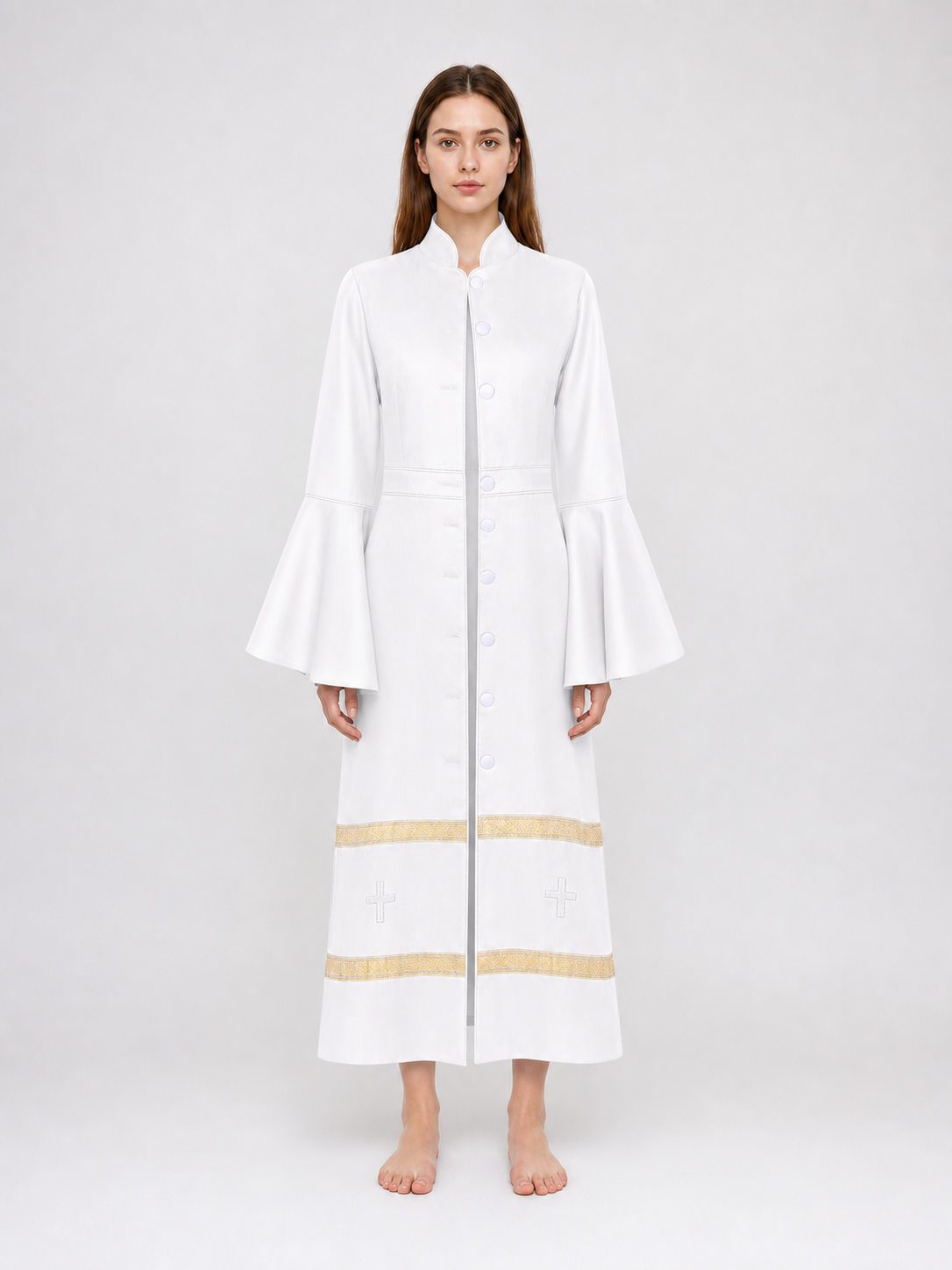 Long clergy robe with collar, buttons, and trim main product view